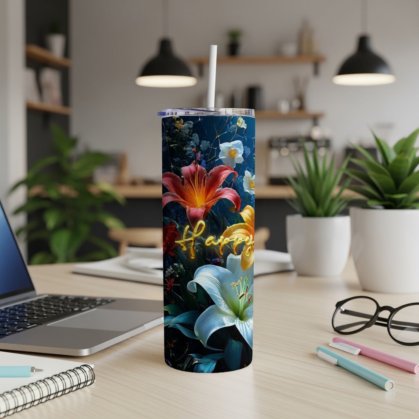 Tall tumbler with colorful floral pattern and "Happy" text.
