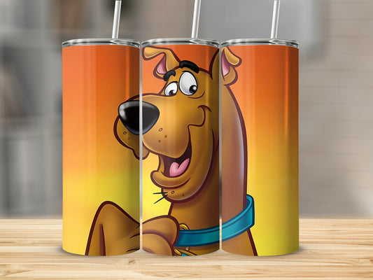 Scooby-Doo wearing a blue collar on a sunset gradient tumbler.