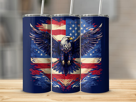 Patriotic tumbler with eagle and American flag design.