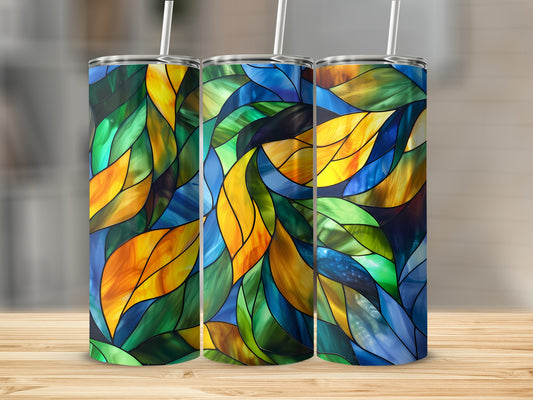 Tall tumblers with stained glass-style abstract leaf pattern.