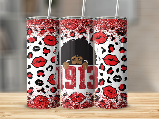 Three skinny tumblers with leopard print, red lips, and "1913" text.