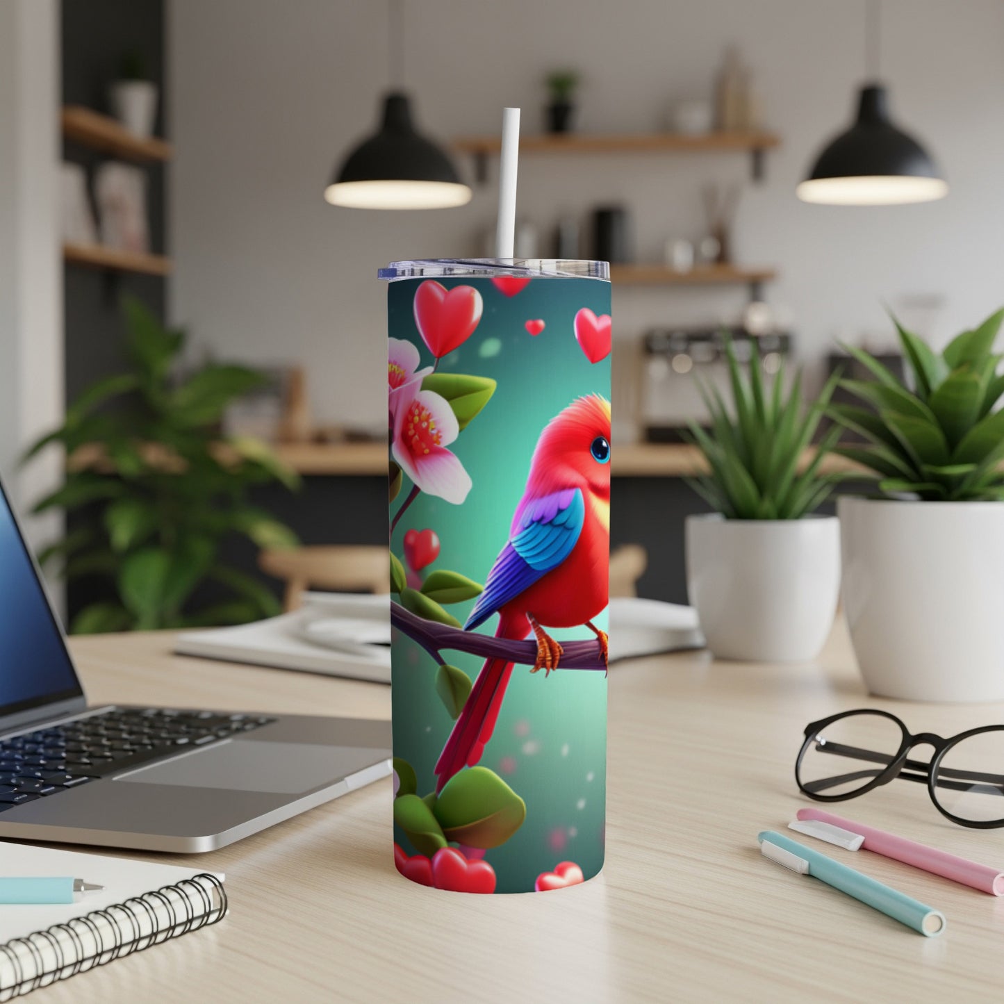 Brightly colored cartoon bird with hearts sits on a branch.