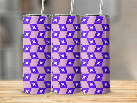Three tumblers with a purple and white geometric star pattern.