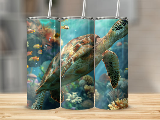 Sea turtle swimming in a coral reef aquarium with colorful fish.