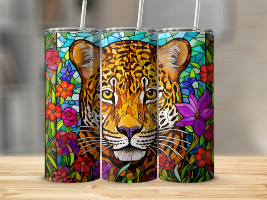 Leopard face and floral stained glass design on three tumblers.