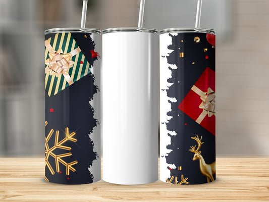 Festive Holiday Themed Tumbler with Gifts and Snowflakes