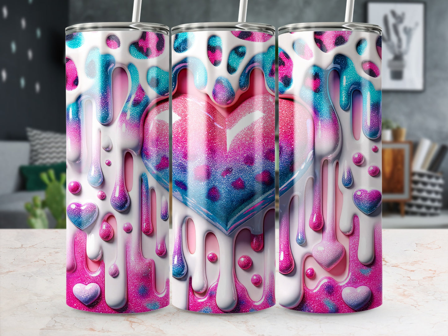 Heart Dripping Love Valentine's Day! Dripping Hearts Pink Blue Delightful Scene Valentine Tumblers