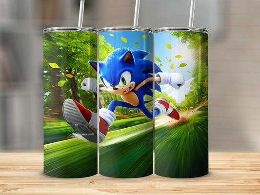 Sonic the Hedgehog running through a blurred green forest background.