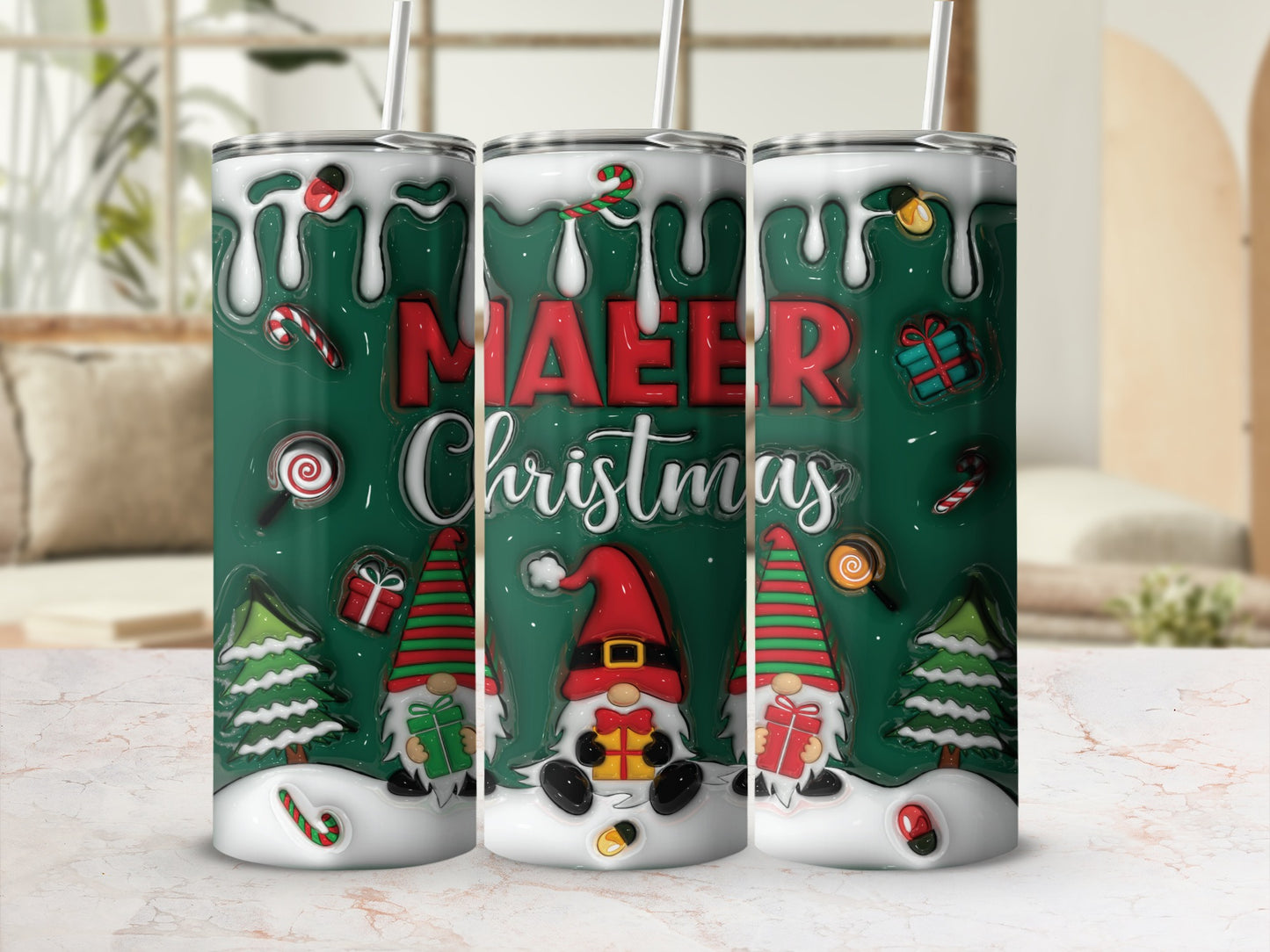 Cheerful Christmas Tree Gnome Design Tumbler Cup