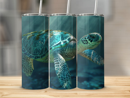 Sea turtle swimming underwater with dappled light on a blue tumbler.