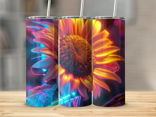 Three tumblers featuring a glowing sunflower with neon accents.