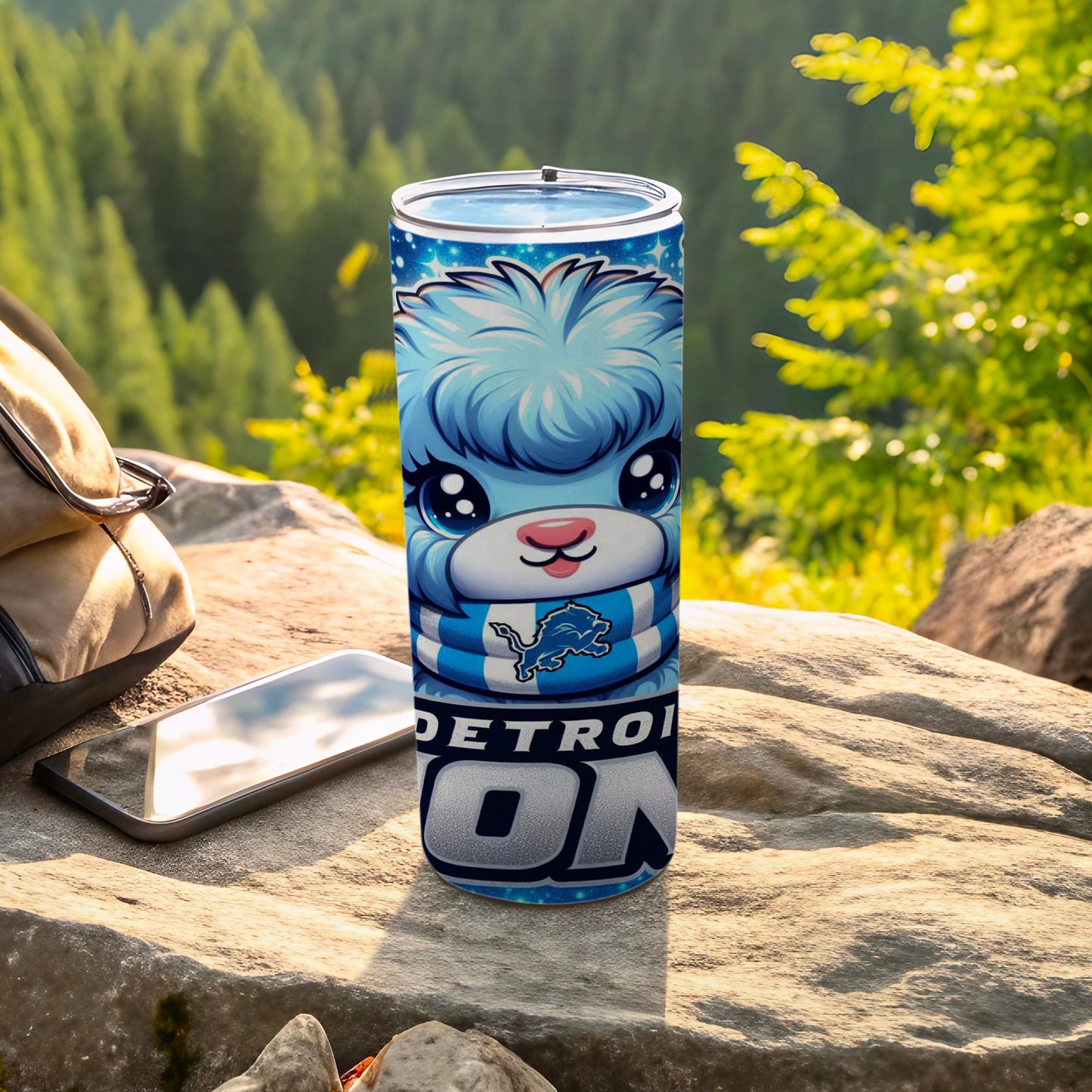 Blue llama tumbler with Detroit Lions logo and scarf.