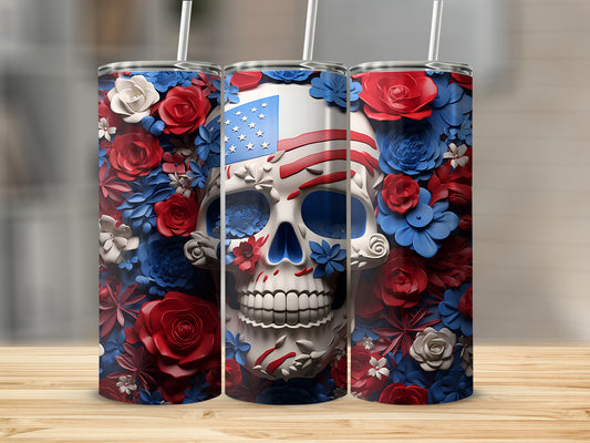 Skull with American flag design surrounded by red, white, and blue flowers.