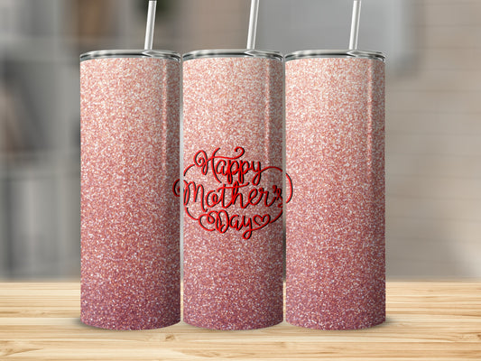 Three rose gold glitter tumblers with "Happy Mother's Day" text.