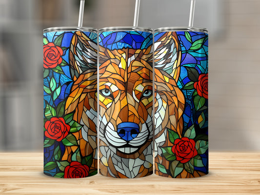 Wolf stained glass art on three tumblers with red roses and blue background.