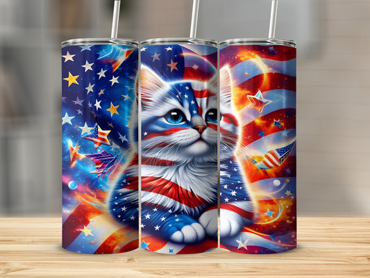 Patriotic cat illustration with stars and stripes on tumblers.