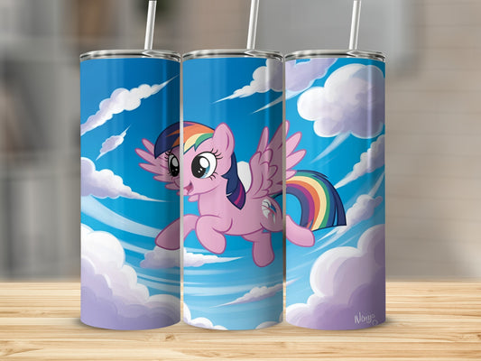 My Little Pony Rainbow Dash flying through a cloudy sky.