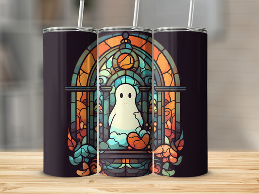 Stained glass-style ghost and pumpkin design on a tumbler.