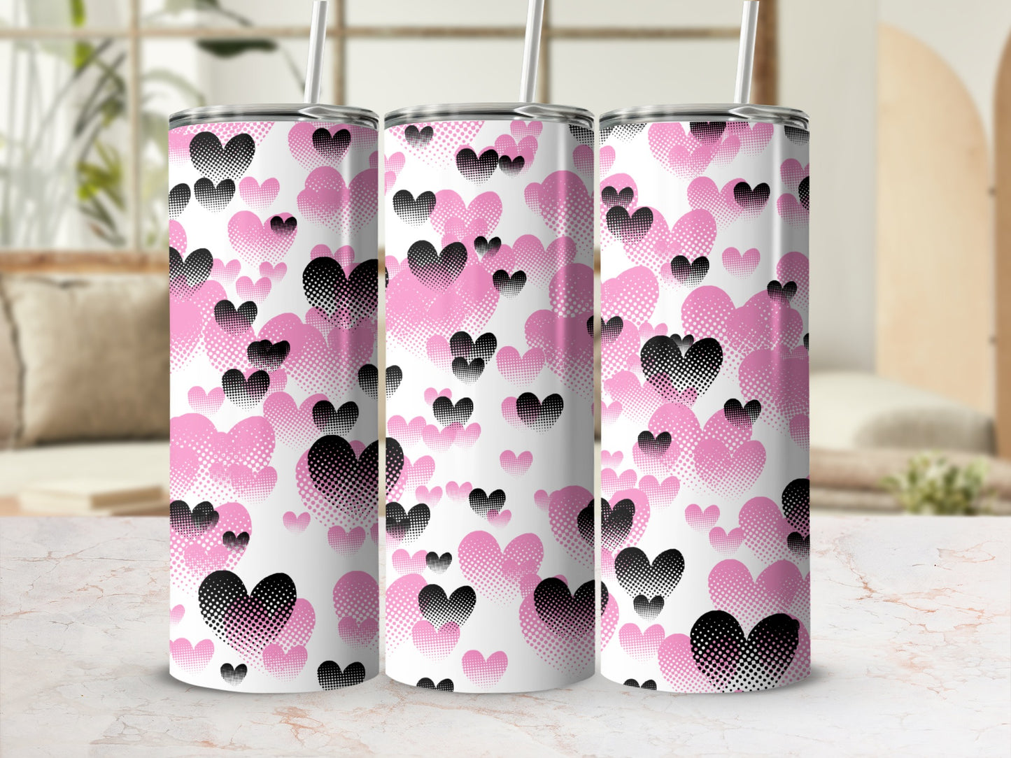 Pink and Black Heart Pattern Insulated Tumbler