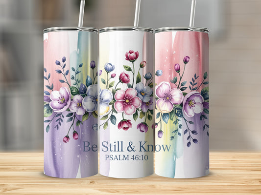Three tumblers with floral watercolor designs and "Be Still & Know" text.