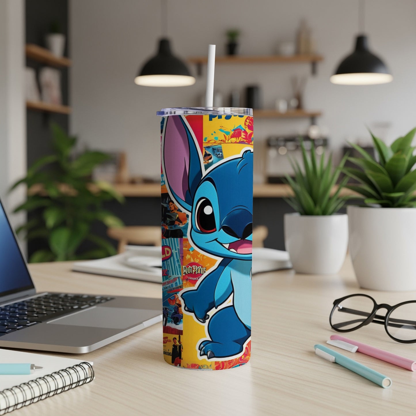 Blue Stitch character with colorful comic book panels on a tumbler.