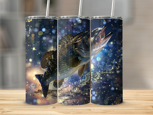 Three tumblers featuring a leaping fish with a bokeh background.