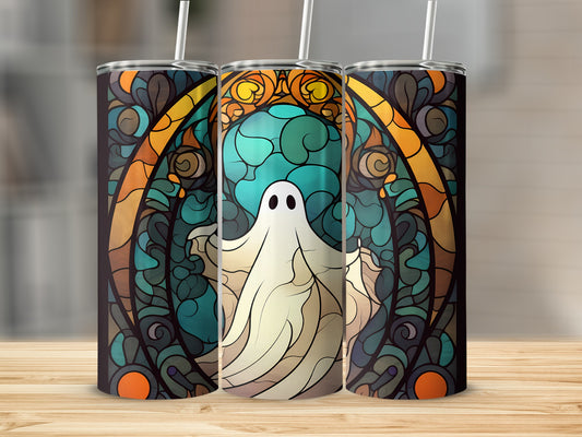 Three tumblers with a stained-glass ghost design.