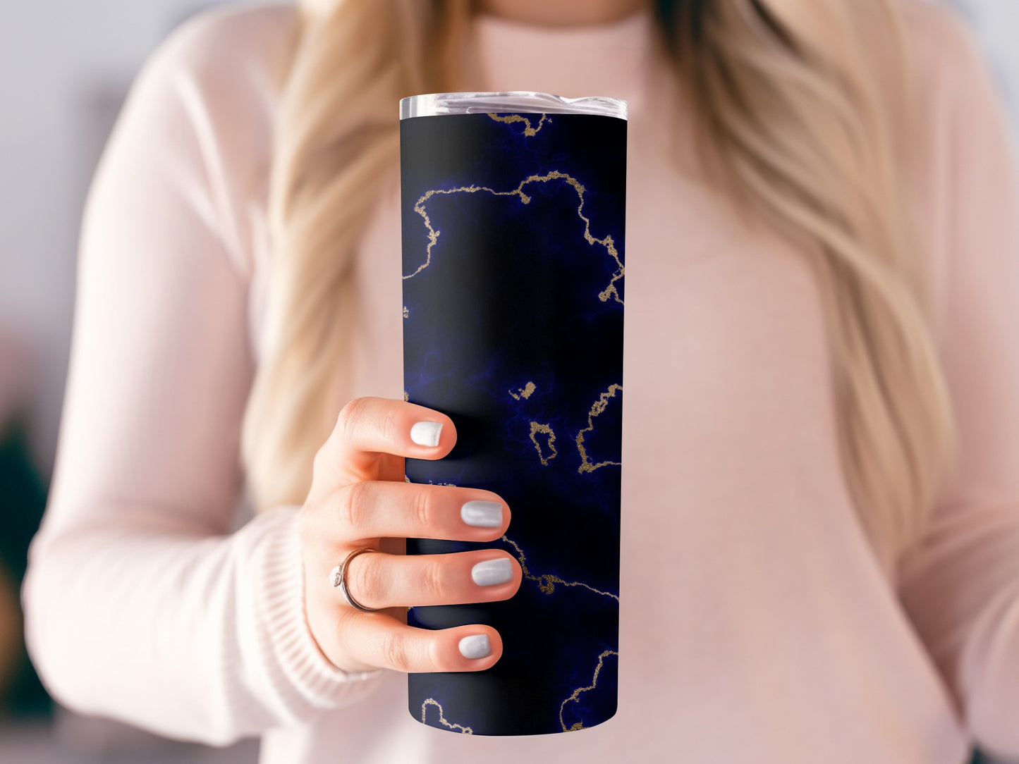 Dark Navy Gold Veins Abstract Pattern Premium Tumblers