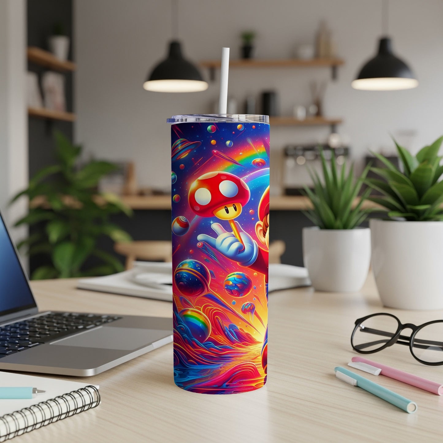Mario and colorful planets on a starry background, on a tumbler.