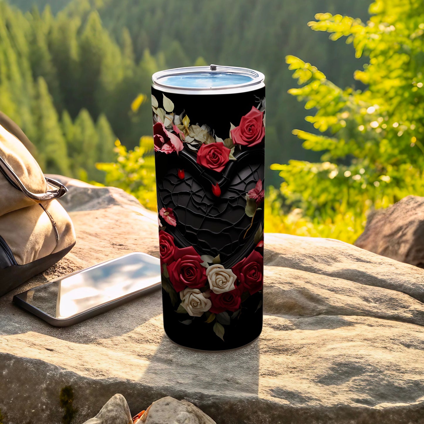 Gothic Heart and Roses Black Travel Tumbler