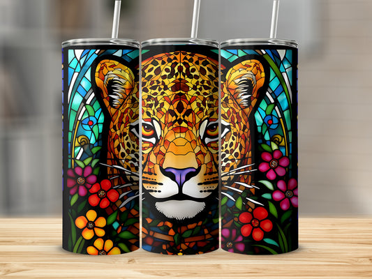 Leopard face in stained glass pattern with colorful flowers on tumblers.