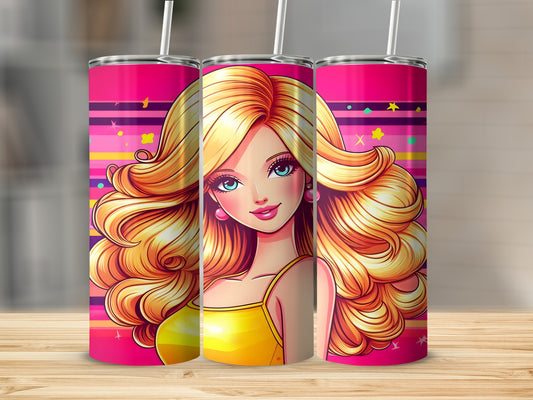 Barbie-style illustration with blonde hair and pink background on a tumbler.