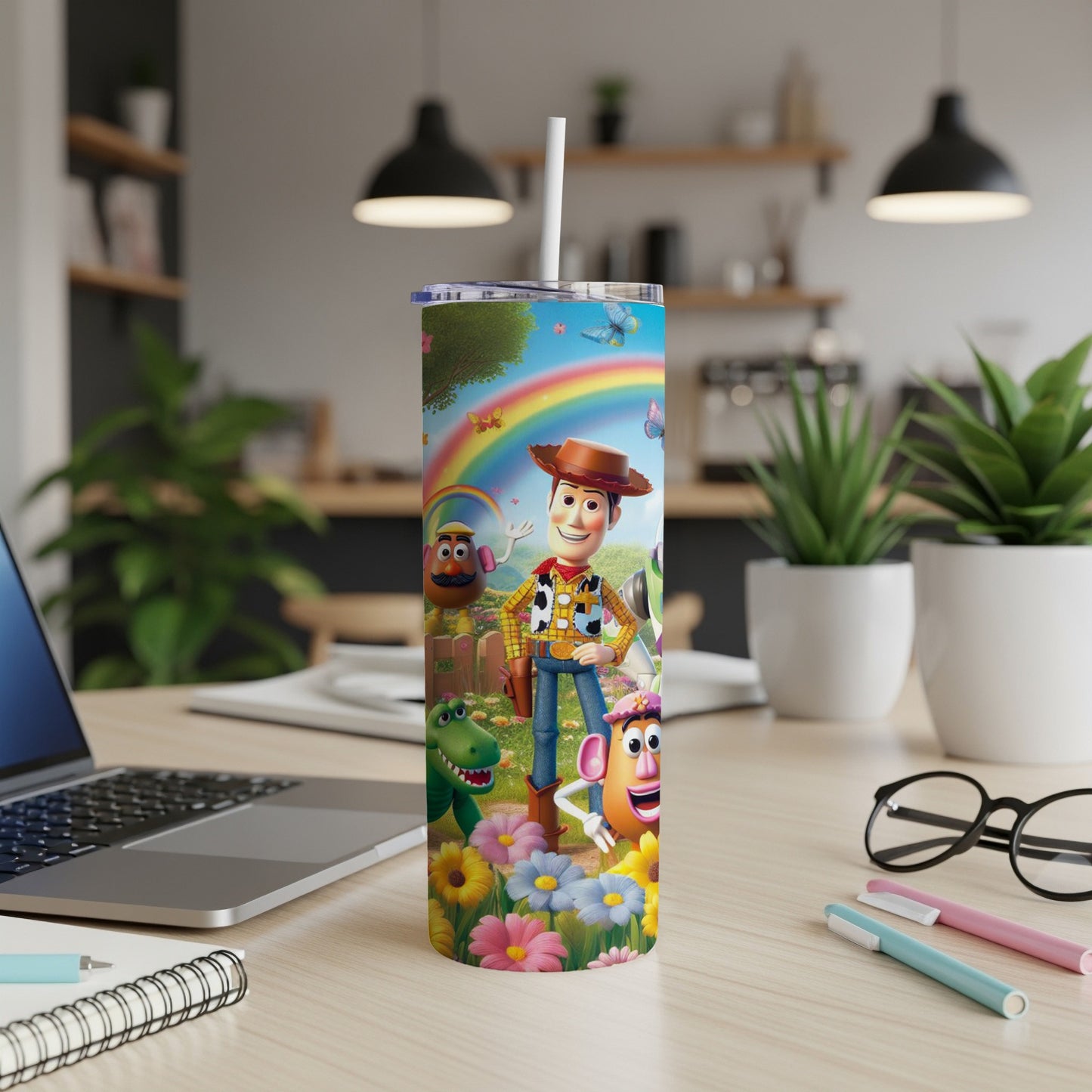 Woody, Buzz, and Mr. Potato Head from Toy Story in a floral field with a rainbow.