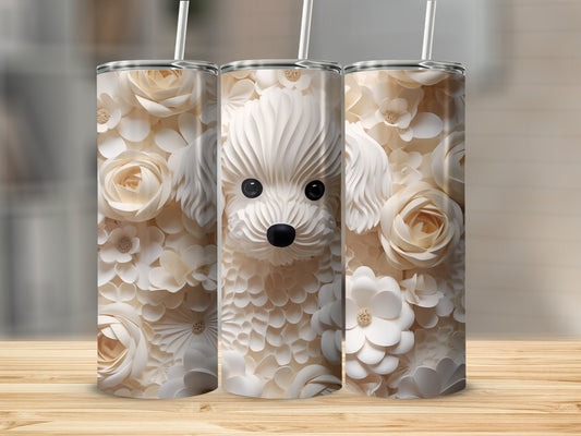 Three white tumblers with a floral and dog face design.