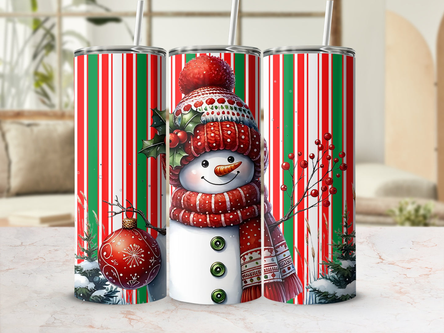 Festive Striped Snowman and Ornaments Tumbler