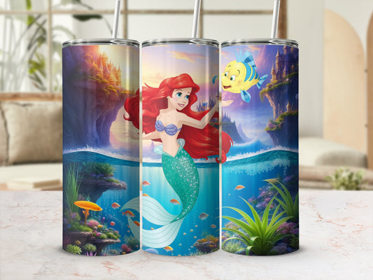 Mermaid and Fish Tumbler With Scenic Ocean Background