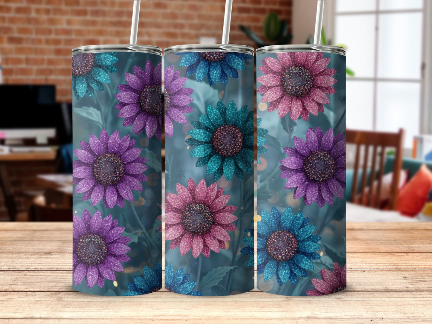 Glittery Purple and Blue Floral Design Tumbler
