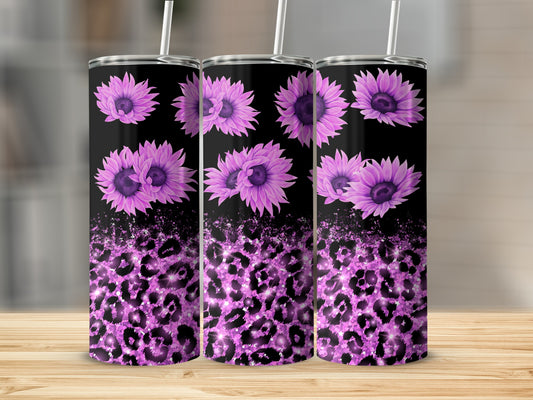 Black tumbler with purple sunflowers and pink leopard print.