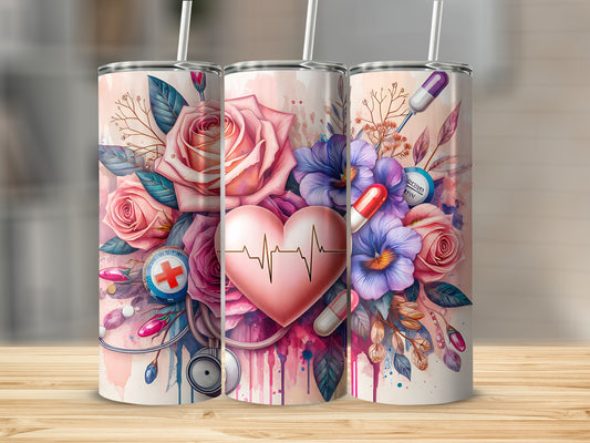 Three tumblers with floral and medical heart designs.