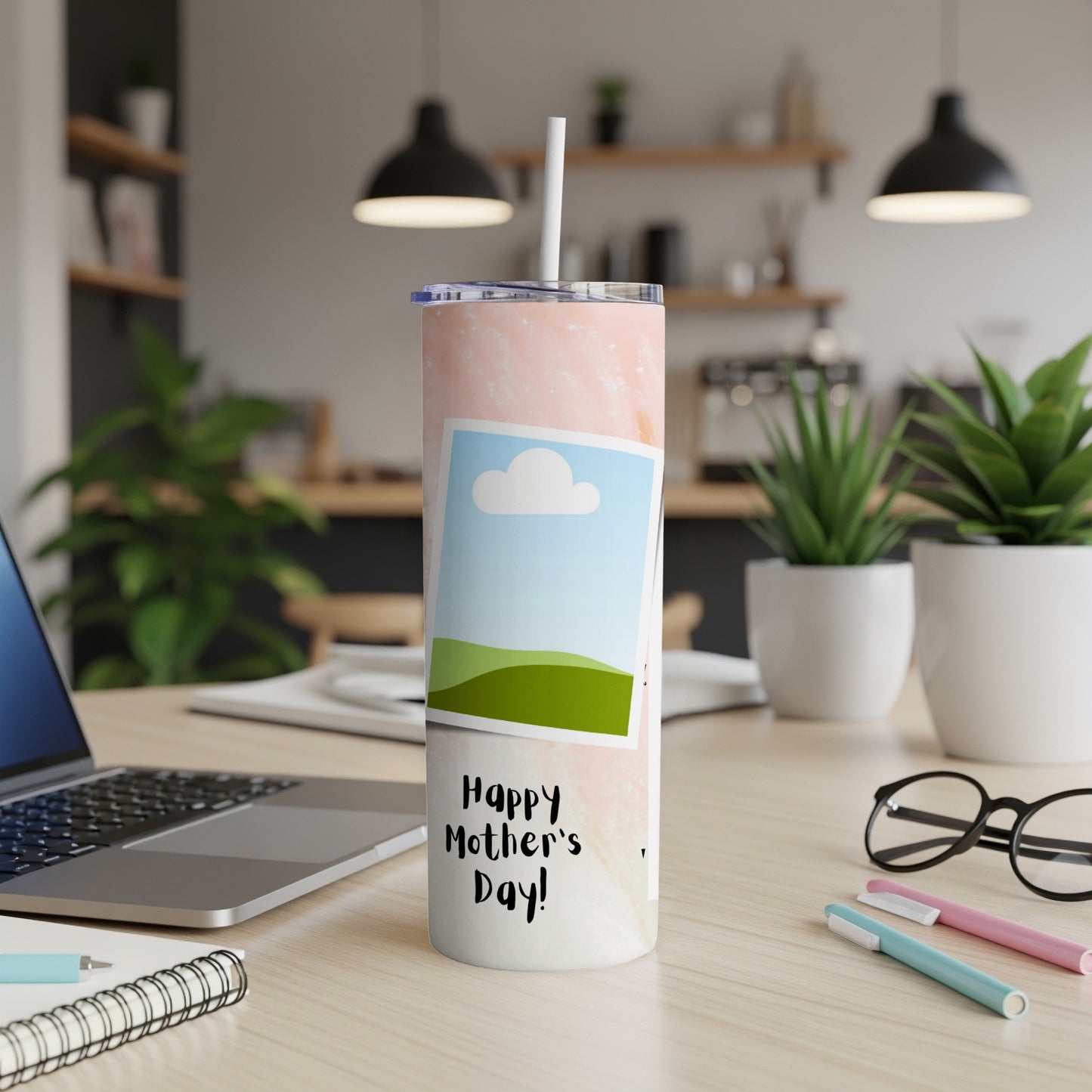Pink marble tumbler with "Happy Mother's Day!" text and photo placeholders.