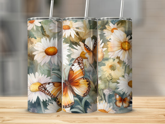 Three tumblers with a floral and butterfly design.