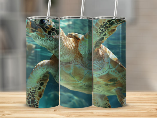 Three tumblers with a sea turtle swimming underwater design.
