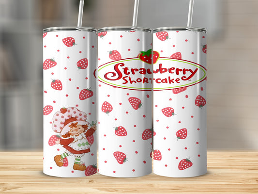 Strawberry Shortcake tumbler with recurring strawberry and character design.