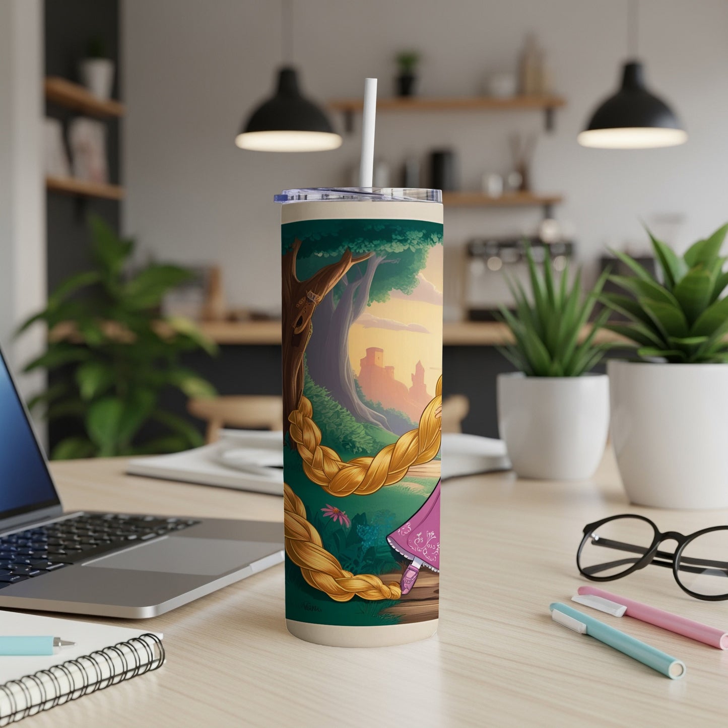 Tumbler with Rapunzel's braid and castle at sunset.