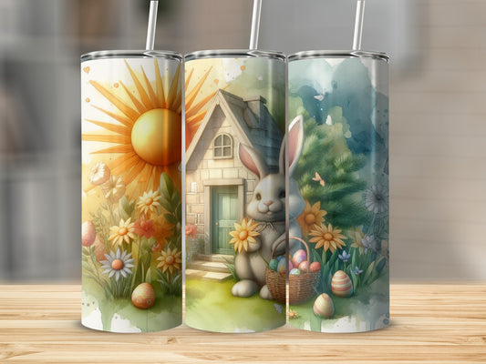 Easter bunny holding basket of eggs with spring flowers and sun.