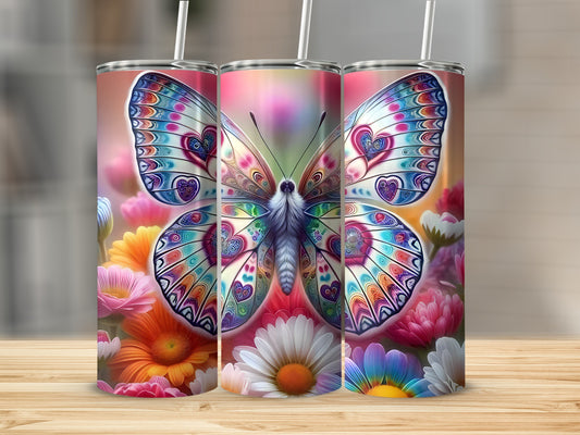 Colorful butterfly tumbler with floral background.