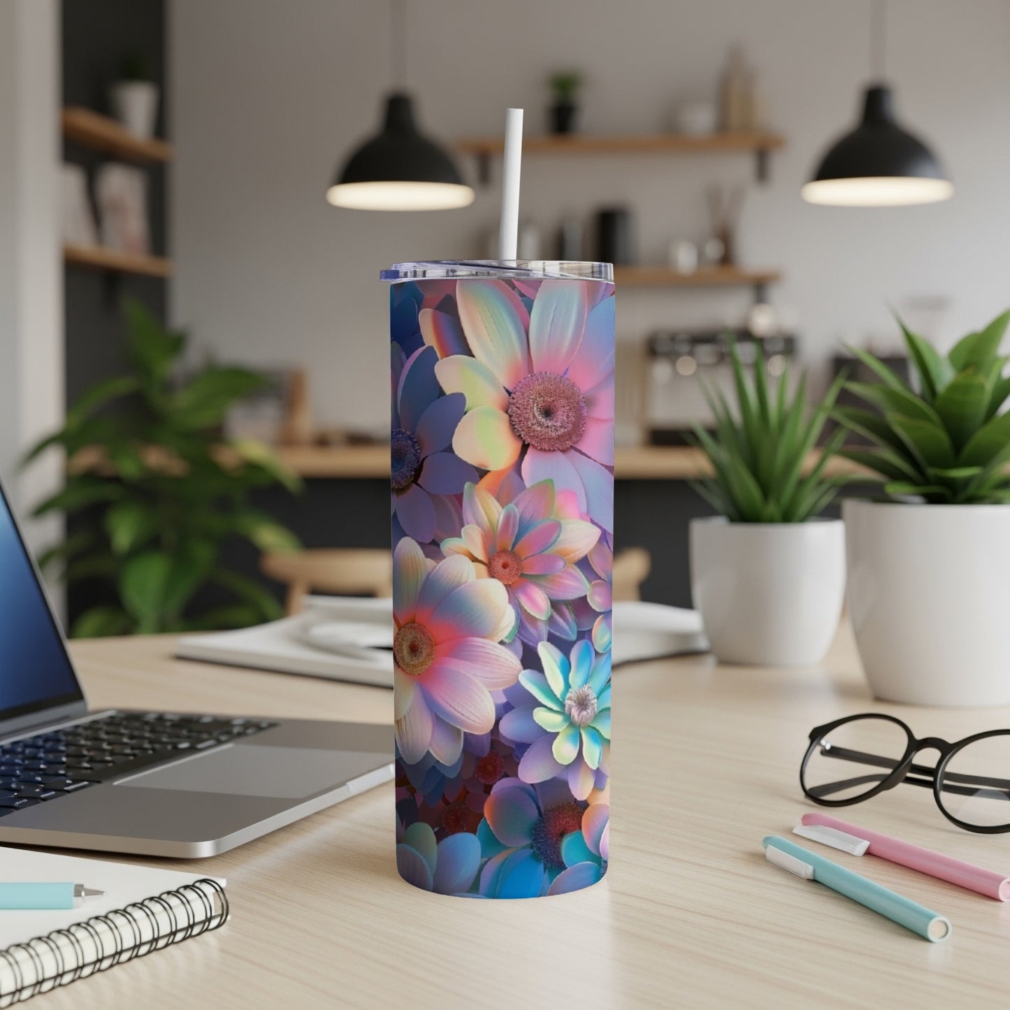 Colorful floral print on a stainless steel tumbler with a white straw.