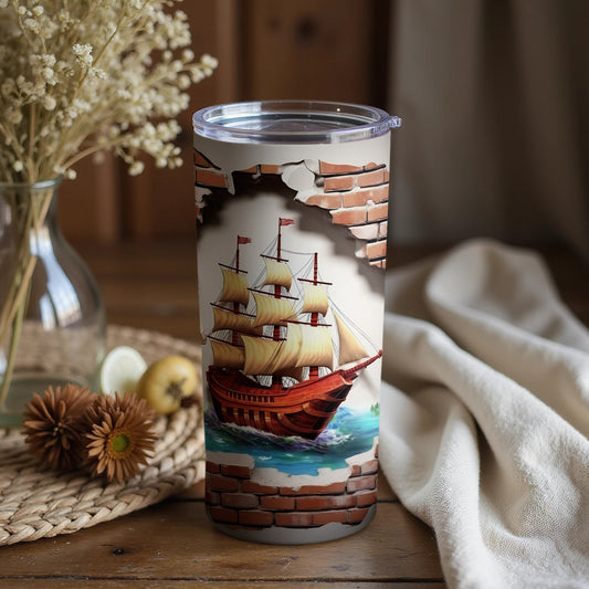 Vintage Sailing Ship Artwork on Brick Wall Drinkware