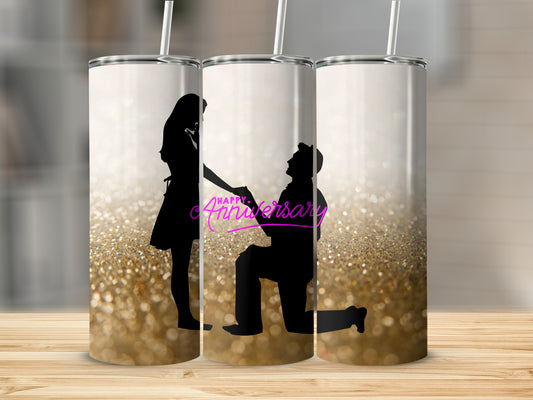 Couple silhouetted in proposal on glitter background with "Happy Anniversary" text.