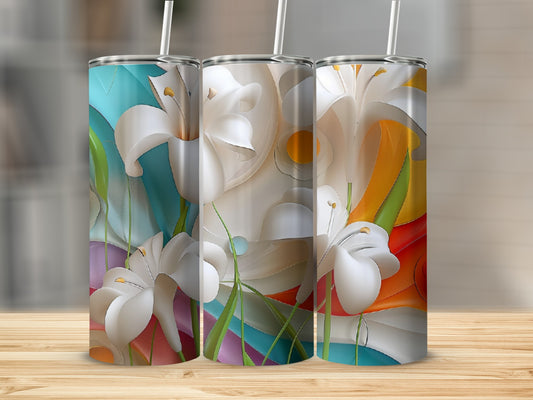 Three tumblers with a white lily and abstract colorful floral design.